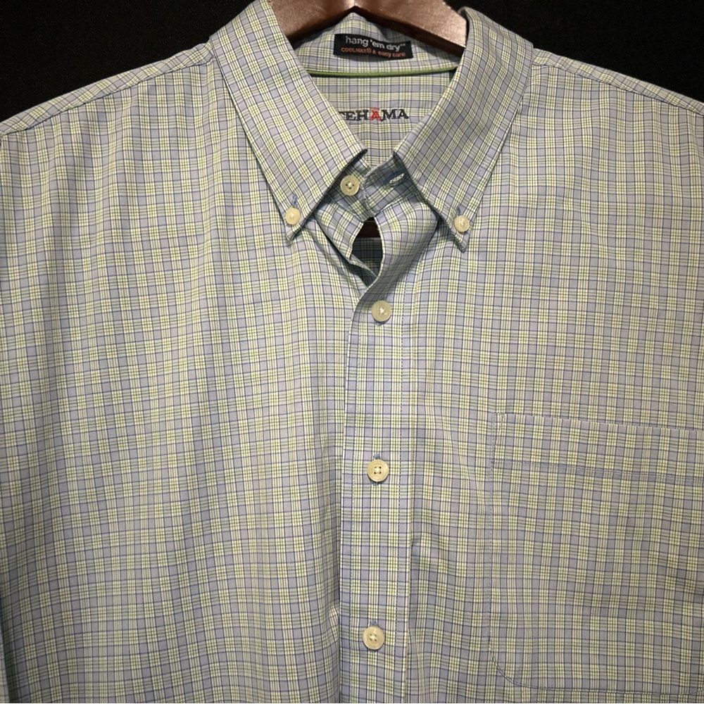 Tehama Shirt Mens XL Large Button-Down Blue Hang 'Em Dry Coolmax Easy Care Plaid